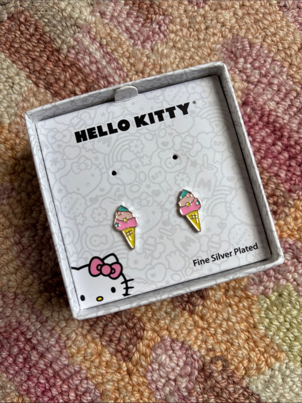 Hello Kitty Ice cream cone dainty Earrings fine silver plated NWT